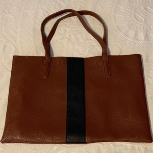 Vince Camuto Brown Vegan Leather Tote with Black Center Stripe